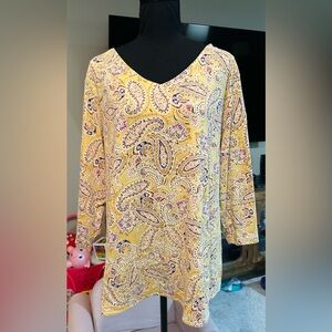 J.Jill Women's Yellow Paisley V-neck Tunic 100% Supima Cotton 3/4 Sleeves 3X
